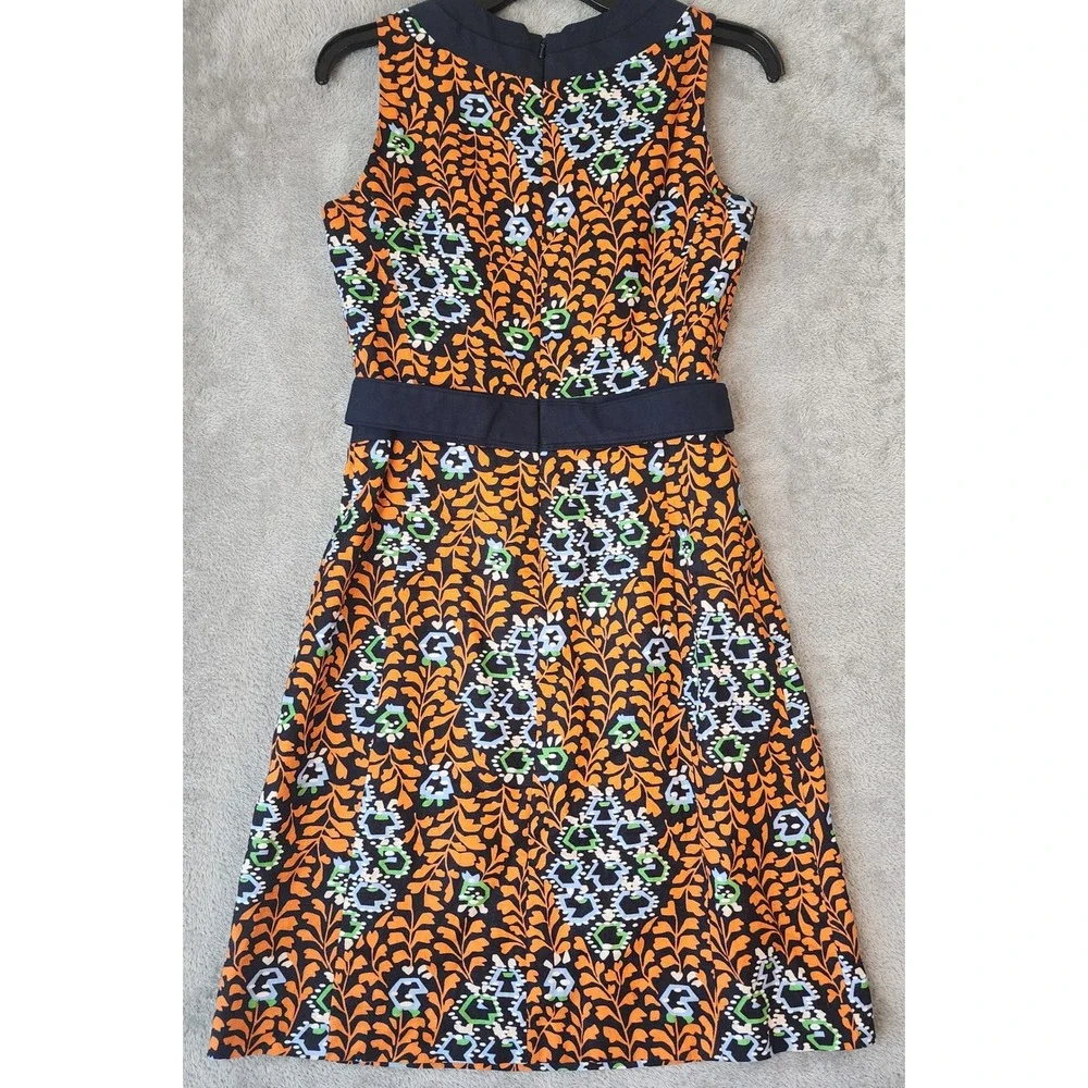 Tory Burch Dress Womens Size 2 Orange Navy Linen Floral‎ Shift Logo Buttons